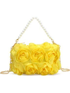 Elegant Floral Evening Clutch, 3D Chiffon Handbag with Pearl Beaded Handle for